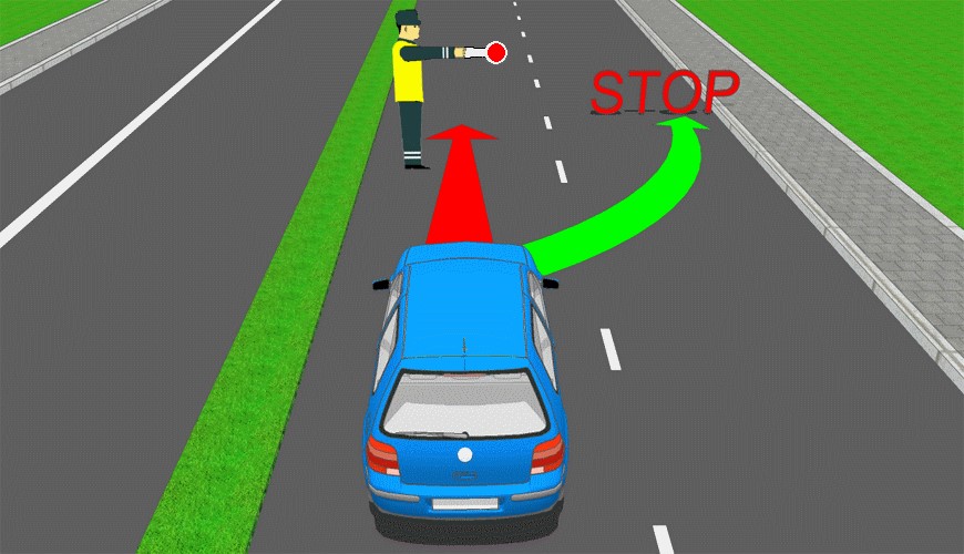 Pareigūnas ar reguliuotojas duoda signalą – mojuoja reguliuotojo lazdele ar skrituliu su raudonu atšvaitu