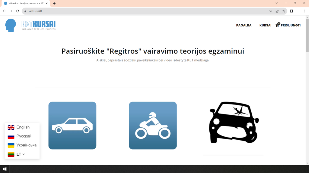 KETKURSAI vairavimo teorijos nuotolinės pamokos prieinamos keturiomis kalbomis (LT, EN, RU, UKR)